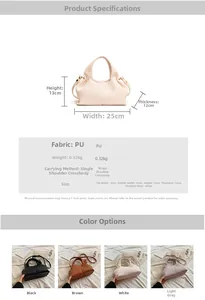 Detailed view of cloud bag dimensions and color options in black, brown, white, and grey