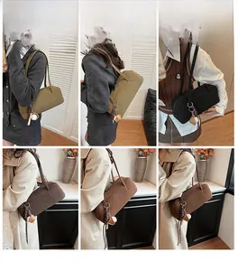 Detailed views of vintage matte baguette shoulder bags in olive, black, and mocha colors