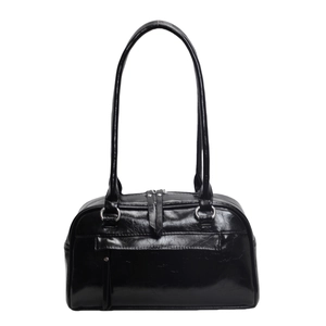Retro black glossy leather shoulder bag with long straps and silver metal hardware details