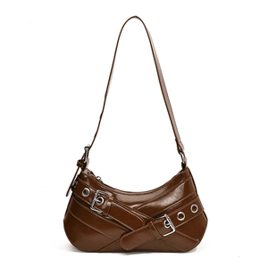Retro brown glossy faux leather underarm bag with silver buckles and punk style