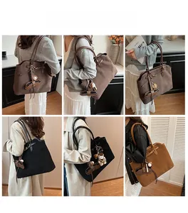 Collage of model carrying a large matte suede tote bag in coffee and brown tones