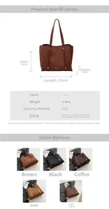 Detailed size chart for the suede tote bag with dimensions 33x26x12cm and color options