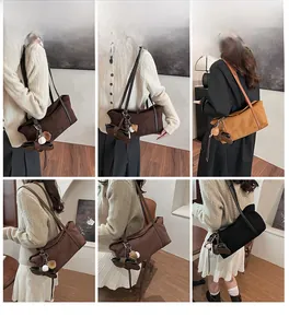 Collage of model carrying large suede tote bag in brown, caramel, and black colors