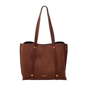 Vintage dark brown suede tote bag with leather straps and gold rivets for women