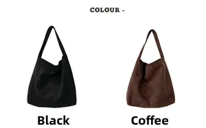Front view of minimalist large hobo tote bags in black and coffee matte suede finish