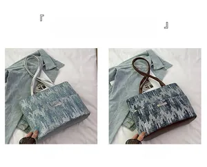 Detail view of woven tote bags showing contrast between silver and brown handles