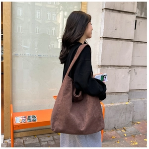 Women's Large Capacity Suede Tote Bag Retro Casual Commuting Shoulder Bag Soft Solid Color Hobo Bag Fashion Handbag