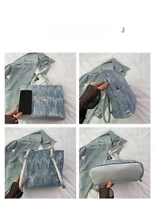 Detail shots of light blue sequined tote bag showing front, side and back zipper pocket