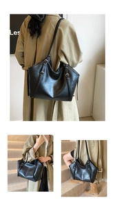 Detail shots of a black PU leather tote bag with silver buckle and adjustable strap