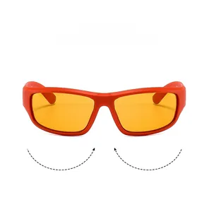 Detailed view of orange futuristic Y2K wrap-around sports sunglasses with tinted lenses
