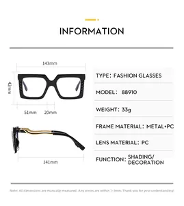 Detailed size chart for oversized square blue light blocking fashion glasses frame