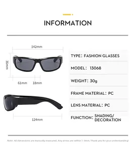Size chart detail for Y2K futuristic sunglasses showing precise frames and lens dimensions