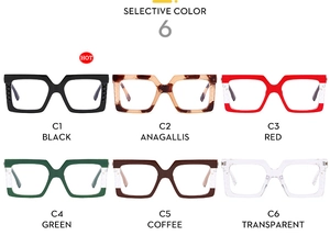 Detail view showing six color options for oversized square blue light blocking frames