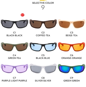 Grid view showing nine color variants of Y2K futuristic wrap-around sports sunglasses