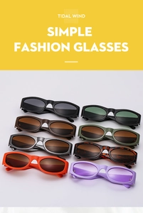 Flat lay of retro rectangle Y2K sunglasses in eight vibrant colors for street fashion