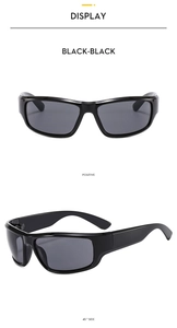 Front and 45-degree side view of Y2K futuristic black wrap-around sports sunglasses
