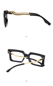 Detail view of wavy gold metal temples on black square frame anti-blue light glasses