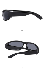 Detailed side and back views of Y2K black sunglasses with futuristic sleek frames