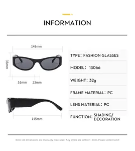 Detailed size specifications and PC material dimensions for the Y2K retro black sunglasses