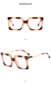 Detailed front and side views of oversized tortoiseshell frames with wavy gold temples