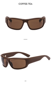 Detailed views of coffee-tea Y2K sports sunglasses with a thick plastic wrap-around frame