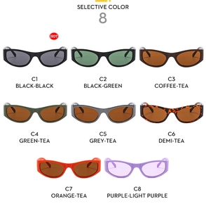 Selective color chart showing 8 different shades of vintage Y2K cat-eye sunglasses