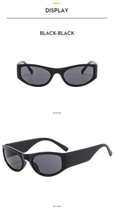 Dual view of black Y2K wraparound sunglasses showing front and side angles