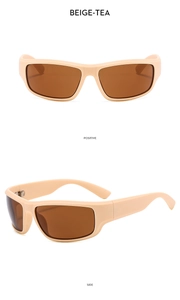 Front and side views of beige Y2K sports sunglasses with tea lenses and matte frames