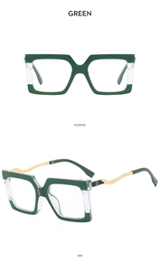 Macro detail of dark green oversized glasses frames with gold wavy metal temples