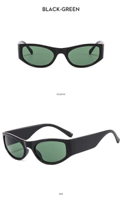 Detail view of Y2K futuristic sunglasses with black frame and green lenses from two angles