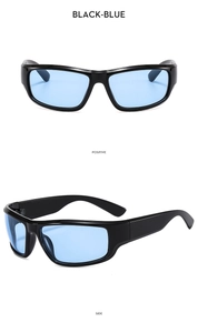 Y2K sporty sunglasses with black wraparound frame and blue lenses, front and side view