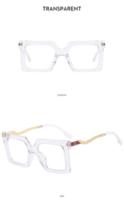Detailed views of square transparent glasses with gold metal temples and brown accents