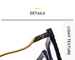 Close-up of black frame glasses with gold metal temples and square logo detail