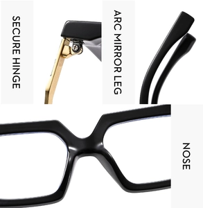Detail of secure hinge, arc mirror leg, and comfortable nose pads on black square frames