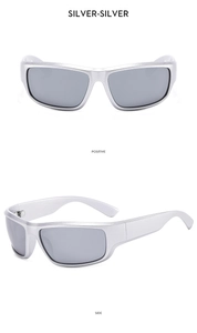 Front and side views of silver Y2K futuristic wrap sunglasses with sleek grey lenses
