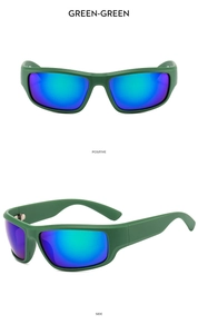 Front and side views of green Y2K futuristic sports sunglasses with purple gradient lenses