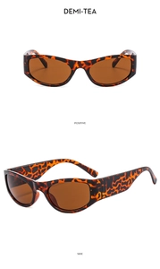 Macro detail of Y2K demi-tea leopard sunglasses showing front and side profile views