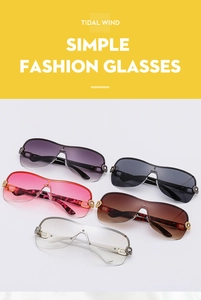 Detail view of various rimless Y2K sunglasses with gradient lenses and metal frames