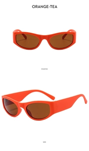 Front and side view of orange Y2K cat-eye sunglasses with tea-tinted lenses