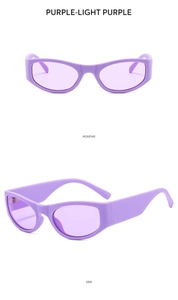 Futuristic Y2K purple cat-eye sunglasses shown from both front and side view angles