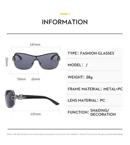 Detailed specs of Y2K rimless sunglasses with dimensions and light grey gradient lenses