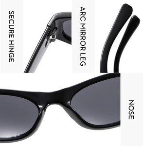 Detail view of Y2K sunglasses with secure metal hinge, arc mirror leg and integrated nose pads