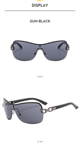 Front and 45-degree views of gun-black rimless Y2K sunglasses with woven temple detail