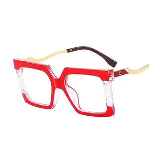 Oversized square blue light blocking glasses with red frame and quilted texture detail
