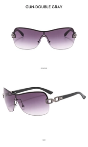 Close-up of rimless Y2K shield sunglasses featuring purple lenses and hollow chain temples