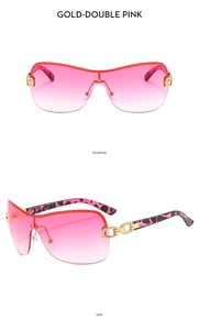 Detail view of pink gradient rimless Y2K sunglasses with gold chain leopard temples
