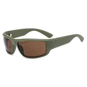 Y2K futuristic sports sunglasses in matte olive green with brown tinted lenses