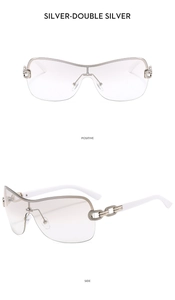 Detail view of silver Y2K rimless sunglasses featuring unique metal chain hinge and white temples
