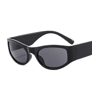 Futuristic Y2K black wrap sunglasses with thick temples for retro streetwear style