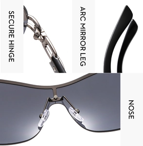 Close-up of secure metal hinge, ergonomic arc legs, and soft nose pads of Y2K rimless sunglasses